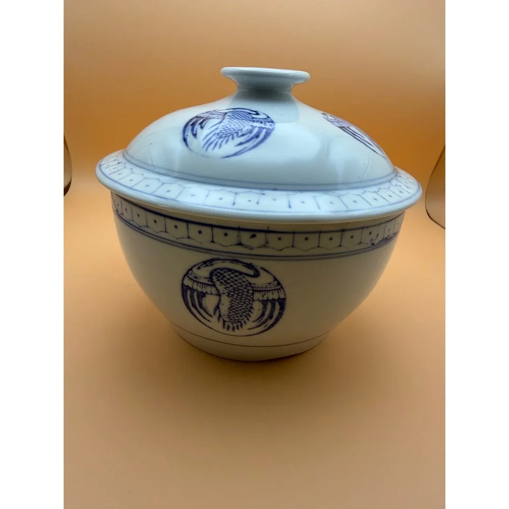 Vintage Chinese Blue and White Porcelain Lidded Bowl Crane Phoenix Motif 7 Inch